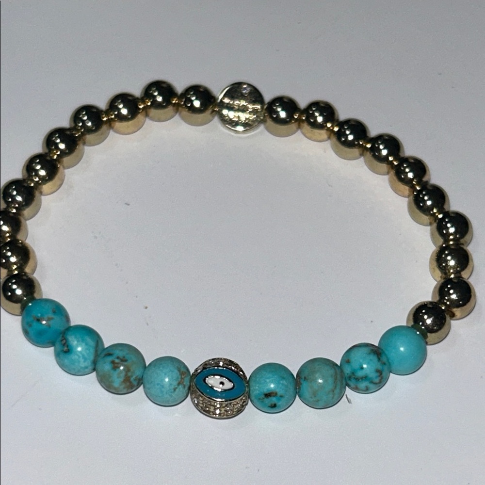 Marlyn Schiff Natural Stone Labradorite Teal Beaded Stretch Bracelet Evil Eye